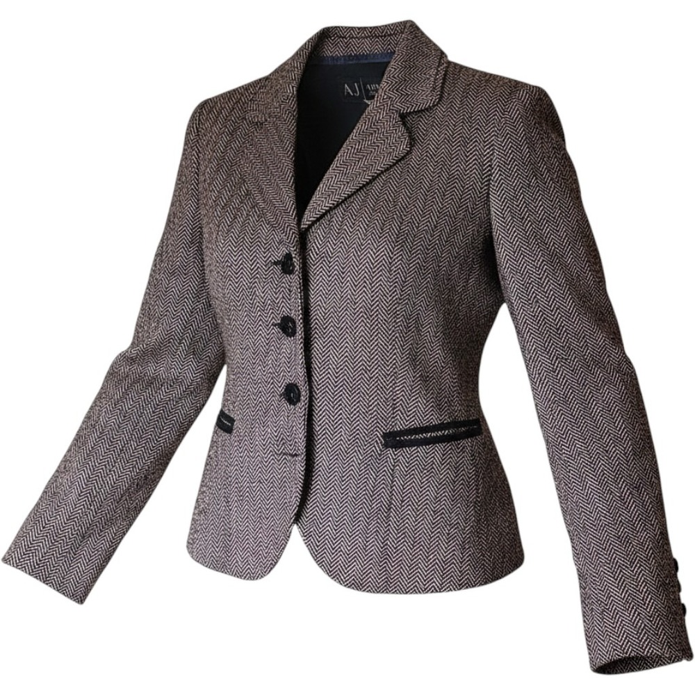 Vintage Armani Tweed Herringbone Blazer Jacket Fitted Black Trim Business Casual